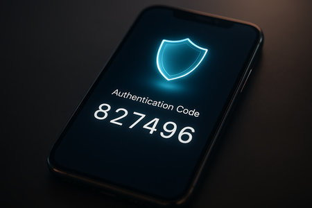 Close-up of a modern smartphone screen showing an &#39;Authentication Code&#39; and a bright blue glowing shield icon. A six-digit number is prominently displayed below, symbolizing secure access, two-factor authentication (2FA), and digital data protection for online accounts and sensitive information.の素材