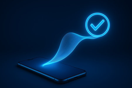 A modern smartphone displays a glowing blue data stream emanating from its screen, flowing towards a prominent blue checkmark icon encased in a circle, all against a dark blue background. This visual concept represents successful mobile transactions, data verification, secure digital services, application confirmation, and seamless information transfer or online approval.の素材