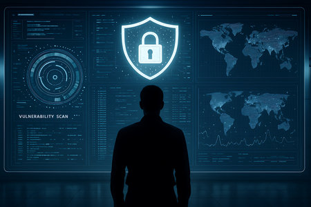 A silhouette of a person observing a comprehensive digital interface displaying a vulnerability scan, a glowing shield with a padlock icon, global network maps, and data analysis. This image symbolizes advanced cybersecurity, secure data networks, and threat detection in a futuristic technology environment.の素材