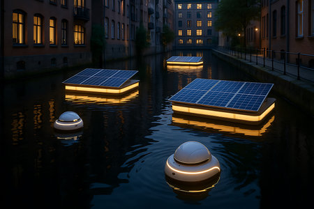 An illuminated urban canal scene at dusk, featuring innovative floating solar panels glowing with light, accompanied by autonomous spherical devices on the tranquil water. Modern buildings with warm lights in their windows line the canal, reflecting on the calm surface, embodying a vision of smart, sustainable city living and advanced renewable energy solutions.の素材