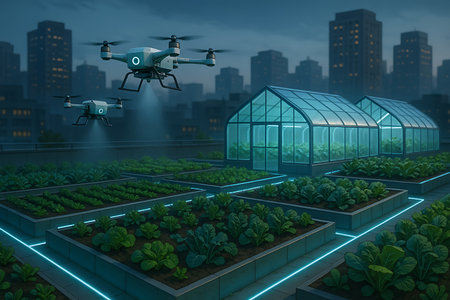 Automated drones fly over a vibrant rooftop farm, watering and tending to rows of leafy green vegetables and smart greenhouses, all illuminated by futuristic blue neon lights against a dark city skyline. This image embodies the future of sustainable urban agriculture, precision farming, and technological innovation in food production for smart cities.の素材