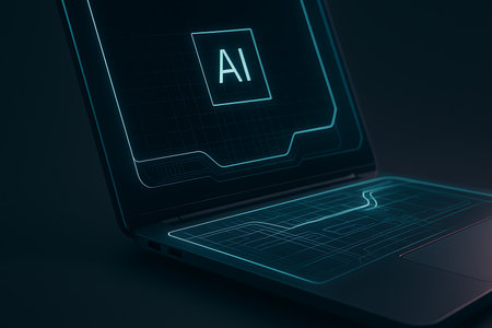 A sleek, dark laptop displays a vibrant, glowing &#39;AI&#39; (Artificial Intelligence) symbol on its screen, set against a background of abstract circuit patterns and a grid. The futuristic digital interface extends across the device, emphasizing advanced technology, machine learning, and smart computing. This modern and innovative visual is ideal for concepts related to data processing, future tech, intelligent systems, and digital transformation.の素材