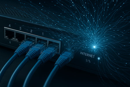 Close-up of a network switch with connected blue Ethernet cables, illuminated by a glowing &#39;INTERNET&#39; sign. Abstract blue lines and dots emanate outwards, symbolizing high-speed data transfer, global network communication, and digital technology infrastructure in a futuristic, dark setting.の素材