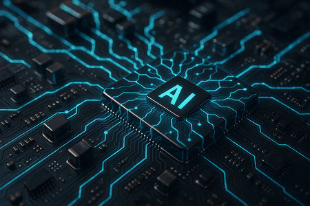 A close-up, futuristic view of an artificial intelligence (AI) microchip at the center of a dark circuit board, featuring intricate glowing blue pathways. This image symbolizes advanced computing, machine learning, and the interconnected future of digital technology and innovation.の素材
