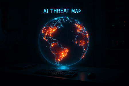 A futuristic holographic 3D render of the Earth globe displaying an &quot;AI Threat Map&quot; with glowing orange-red hot spots indicating potential global risks, vulnerabilities, and cyberattacks related to artificial intelligence and data security. The digital interface is presented on a dark background, with a keyboard and mouse on a desktop, symbolizing advanced threat analysis, network security, and the worldwide impact of AI.の素材
