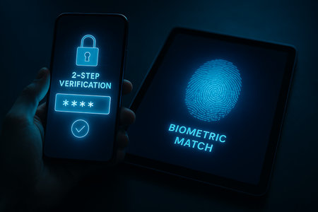 A hand holds a smartphone displaying a 2-step verification prompt with a lock icon and a password field, while a tablet next to it shows a glowing biometric fingerprint for secure access. This image illustrates modern multi-factor authentication and data protection concepts.の素材