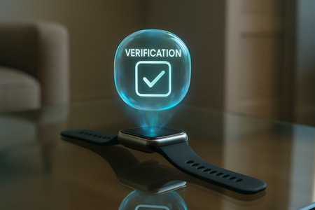 A sleek smartwatch rests on a reflective surface, projecting a glowing blue holographic display that shows the word &quot;VERIFICATION&quot; and a prominent checkmark symbol. This image conceptualizes advanced digital security, authentication, and secure data validation through cutting-edge wearable technology in a modern, futuristic setting.の素材