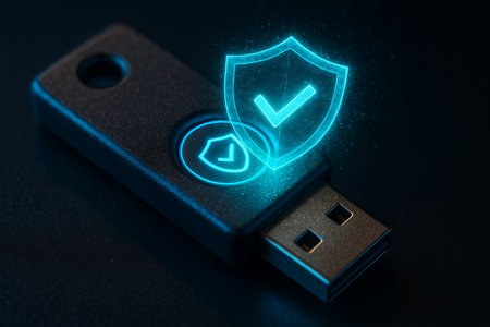 A close-up view of a dark USB security key or hardware token, featuring a vibrant glowing blue shield with a checkmark symbol hovering above it. Another smaller glowing shield is visible on the device itself. This image represents robust digital security, data protection, two-factor authentication (2FA), and cybersecurity concepts, set against a dark, abstract background.の素材