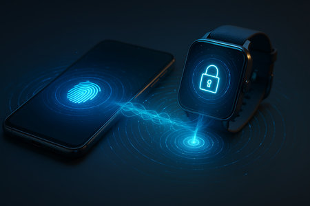 A close-up conceptual image depicting a secure connection and data transfer between a smartphone with a glowing blue fingerprint icon and a smartwatch displaying a glowing blue padlock icon. Blue energy lines and concentric circles emphasize advanced biometric authentication, cybersecurity, and data protection for mobile and wearable technology in a dark, futuristic setting.の素材