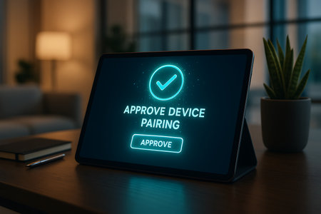 A close-up of a digital tablet displaying an "Approve Device Pairing" message with a glowing blue checkmark icon and an "Approve" button. The tablet rests on a wooden desk, reflecting the blue light, with a blurred modern home interior, a notebook, pen, and a potted plant in the background, suggesting smart home integration, secure connectivity, or modern authentication processes.の素材