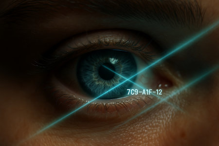 A close-up shot of a human eye with a bright blue laser light scanning across it, displaying a digital code. This futuristic concept image represents advanced biometric security, iris recognition, artificial intelligence, and high-tech identification systems. Ideal for themes related to cybersecurity, future technology, sci-fi, data protection, and surveillance.の素材