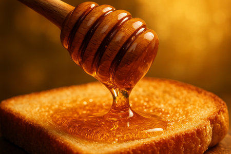 A mesmerizing close-up of thick, golden honey being generously drizzled from a rustic wooden honey dipper onto a perfectly toasted slice of bread. The rich, viscous texture of the honey creates enticing ripples on the golden-brown surface of the toast, evoking warmth, sweetness, and a comforting breakfast or snack moment. The shallow depth of field highlights the delicious details against a softly blurred, warm background.の素材