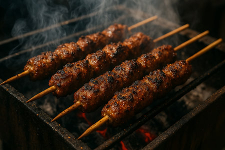 Close-up of savory minced meat skewers, resembling kofta or cevapi, sizzling and smoking on a hot charcoal grill. The rich, golden-brown char marks and rising smoke highlight the appetizing flavors of outdoor barbecue cooking, perfect for summer gatherings, traditional cuisine, or hearty meals.の素材
