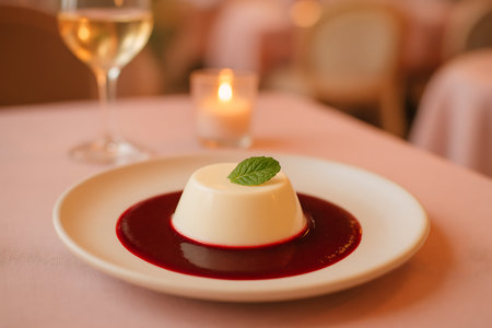 A beautifully presented panna cotta dessert, featuring a creamy white custard, vibrant red berry sauce, and a fresh mint leaf garnish. It is served on a white plate on a light pink tablecloth, with a blurred glass of white wine and a lit candle in the background, creating a sophisticated and romantic fine dining atmosphere.の素材
