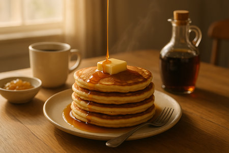 A delightful stack of fluffy, golden-brown pancakes topped with melting butter, generously drenched in warm maple syrup. This cozy breakfast scene features a hot cup of coffee, a bowl of fruit preserve, and a bottle of syrup on a wooden table, bathed in soft morning light, perfect for a comforting start to the day.の素材