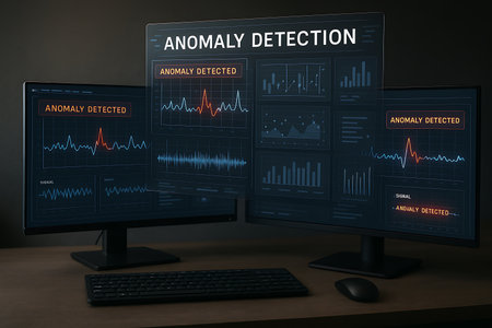 Digital dashboard displaying "Anomaly Detection" and "Anomaly Detected" messages across multiple computer screens with various data visualizations, including graphs and charts, illustrating real-time data analysis, cybersecurity monitoring, and machine learning processes for identifying irregular patterns.の素材