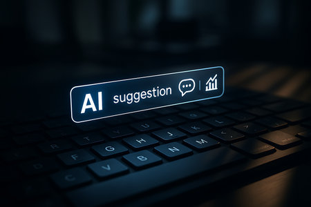 A glowing 'AI suggestion' search bar with a speech bubble icon for communication and a growth chart icon for analytics hovers above a dark, modern computer keyboard. This conceptual image represents the future of artificial intelligence in generating smart recommendations, facilitating digital interaction, and providing data-driven insights for technological advancement, business strategy, and an enhanced user experience. It embodies themes of machine learning, innovation, and digital transformation in a sleek, futuristic setting.の素材