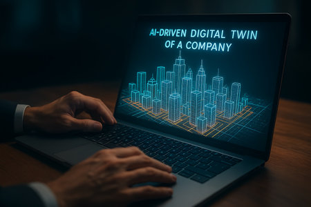 A professional&#39;s hands are seen typing on a laptop, which displays a glowing wireframe cityscape representing an AI-driven digital twin of a company. This image illustrates advanced business analytics, simulation, and strategic planning through artificial intelligence and virtual models for corporate optimization and smart enterprise solutions in a modern, dark environment.の素材