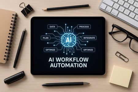 Overhead view of a digital tablet displaying an &#39;AI Workflow Automation&#39; diagram, illustrating interconnected concepts like data, process, integrate, optimize, and plan. The tablet rests on a modern wooden office desk amidst various business essentials: a spiral notebook, pens, a pencil, a computer keyboard, eyeglasses, and paper clips. This image conceptually represents the integration of artificial intelligence into business operations for enhanced efficiency, optimization, and digital transformation.の素材