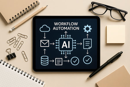 An overhead flat lay of a digital tablet displaying a detailed 'Workflow Automation' diagram. The central focus is on Artificial Intelligence (AI) integrating various processes, with icons representing cloud services, email, database management, document processing, and system optimization, all interconnected with arrows indicating data flow. The tablet is placed on a minimalist desk alongside everyday office essentials, including notebooks, a pencil, a pen, eyeglasses, paper clips, and sticky notes, symbolizing modern business solutions, technological advancement, and efficiency in the workplace.の素材