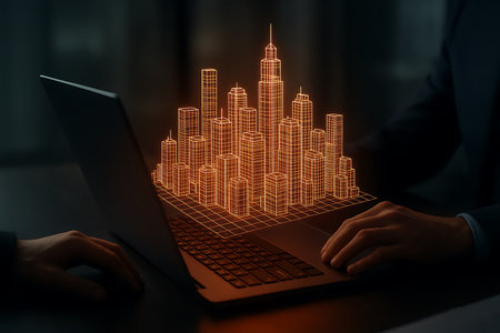 A close-up shot of hands interacting with a laptop, which displays a glowing, orange wireframe 3D model of a futuristic cityscape. This image symbolizes advanced urban planning, smart city development, architectural design, technology integration, and business innovation in a digital age. Ideal for themes related to future infrastructure, technological progress, and real estate development.の素材