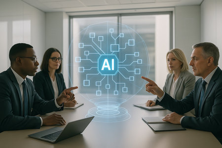 A diverse group of business executives in a modern conference room, actively engaging with a futuristic holographic display featuring an AI concept. Two men point towards the glowing &#39;AI&#39; symbol at the center of a data network visualization, symbolizing discussion, strategic planning, and collaboration around artificial intelligence, machine learning, and technological innovation in a corporate setting. The scene reflects the integration of cutting-edge technology into business strategy and digital transformation.の素材