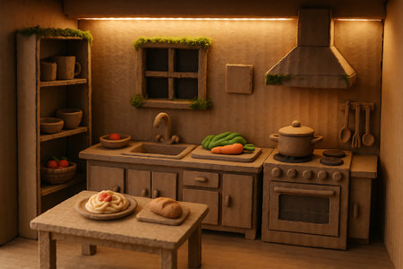 A charming, intricately detailed miniature kitchen scene, crafted from clay or a similar textured material, illuminated by warm, inviting light. This rustic dollhouse-style interior features a sink, stove with oven and range hood, cabinets, shelves with pottery, and a table set with miniature food items like bread and pasta, alongside vegetables on the counter. The earthy tones and handcrafted elements create a cozy, whimsical atmosphere.の素材