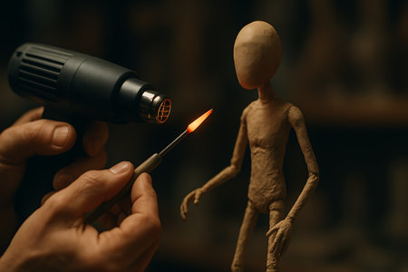 Close-up of an artist&#39;s hands meticulously working on a clay human figure, using a heat gun to warm a sculpting tool for precise shaping and detailing. This image captures the dedicated craftsmanship and intricate process involved in creating traditional art in a workshop setting, highlighting the focus and skill.の素材