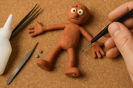 An overhead view captures a hand using tweezers to meticulously attach a small silver magnet to the foot of a clay figure. The scene is set on a textured cork background, surrounded by crafting tools, including a glue bottle and additional tweezers. The orange-brown clay character, styled like a stop-motion animation puppet, has a slightly surprised or concerned expression, adding a narrative element to this intricate assembly process in a creative workshop setting.の素材