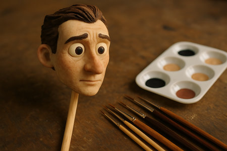A captivating close-up captures a meticulously crafted stop-motion puppet head, possibly made from clay or polymer, displaying an expressive, slightly concerned or thoughtful gaze. The intricate details of the character&#39;s face, hair, and freckled skin are visible. Beside it, a white artist&#39;s palette holds various shades of paint, presumably for skin tones and features, along with a collection of fine detail paintbrushes, all neatly arranged on a warm, rustic wooden surface. The image beautifully highlights the detailed artistry and tools involved in stop-motion animation or character sculpture creation.の素材