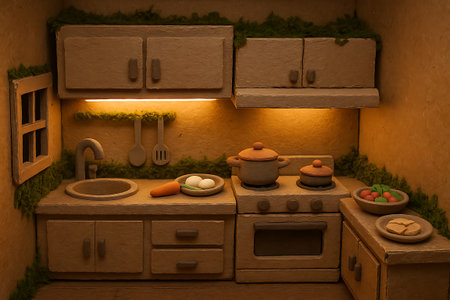 A charming and cozy miniature kitchen scene meticulously crafted in a claymation or stop-motion style. This detailed handmade model features a rustic kitchen interior with a sink, stove, oven, cabinets, and hanging utensils. Various food items like a carrot, eggs, fresh greens, and cookies are arranged on the countertops, alongside cooking pots on the stove. The warm, inviting lighting enhances the quaint and imaginative atmosphere, perfect for themes of home, cooking, craftsmanship, and storytelling.の素材
