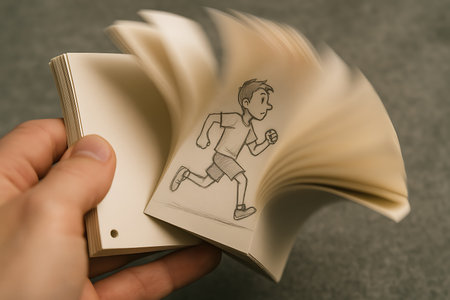Close-up of a hand flipping through a small flipbook, bringing a hand-drawn cartoon boy running to life through traditional animation. The motion blur on the pages highlights the movement, illustrating creativity, imagination, and the charm of early animation techniques.の素材