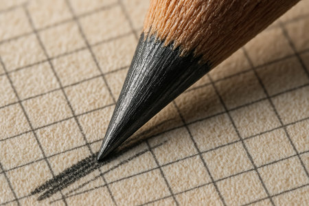 An extreme macro shot captures a sharpened graphite pencil tip making a distinct mark on a piece of textured grid paper. The intricate details of the pencil&#39;s wooden casing, the dark lead, and the fibrous surface of the squared paper are highlighted, conveying concepts of writing, drawing, learning, precision, and creativity. Ideal for educational, artistic, or office-related themes.の素材