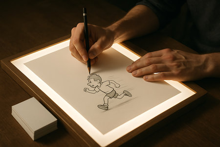 Close-up of an artist&#39;s hands using a pencil to meticulously draw a dynamic cartoon character, a boy in motion, on a brightly lit tracing table or light pad. The image highlights the creative process of animation, illustration, or graphic design, emphasizing traditional art techniques and the focused effort of the designer in a dimly lit studio setting. A stack of blank paper is visible nearby.の素材