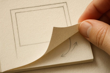 Close-up of a hand gently turning a textured paper page of a sketchbook or notebook. The top page reveals a hand-drawn pencil arrow indicating movement, while the page underneath shows a faint outline of a rectangular frame, symbolizing a new beginning, creative process, or upcoming idea.の素材