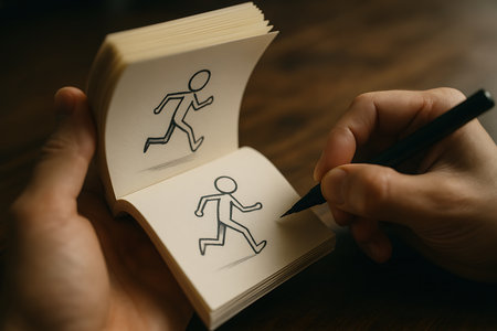 Close-up of hands creating a flipbook animation, drawing a simple stick figure in a running motion on a small notepad. The image captures the creative process of bringing an idea to life through sequential drawings, with another completed stick figure visible on the page above. Represents art, animation, imagination, and handmade storytelling.の素材