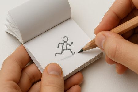Close-up of hands drawing a running stick figure on a small flipbook with a wooden pencil. The image captures the creative process of bringing a simple animation to life, symbolizing motion, progress, and imagination through traditional drawing.の素材