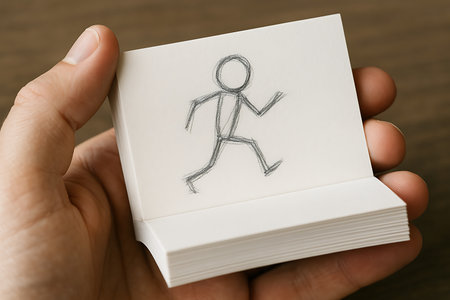 A close-up shot of a hand holding a small flipbook, revealing a simple charcoal or pencil-drawn stick figure in a running pose on the top page. This image symbolizes the core concept of animation, sequential movement, progress, and the fundamental steps of bringing an idea to life through a series of drawings. It represents creativity, effort, and forward motion.の素材