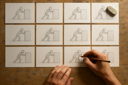 A top-down view of twelve paper cards laid out on a wooden surface, each featuring a hand-drawn pencil sketch of a stick figure pushing a rectangular box. The sequence illustrates the progressive movement and effort. A human hand is seen actively drawing on one card, while an eraser rests on another, highlighting the artistic process of creating animation frames or a storyboard.の素材