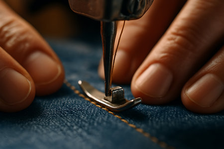 A macro shot captures the intricate process of a sewing machine needle precisely stitching golden thread into blue denim fabric. A person&#39;s hands gently guide the material, highlighting the craftsmanship and detail involved in tailoring or repairing garments. The image emphasizes the focus and skill required in textile work or a crafting hobby.の素材