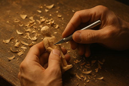 A detailed close-up shot of a craftsman's hands meticulously carving a small wooden human figurine with a sharp carving knife. Wood shavings are scattered on the rustic wooden workbench, highlighting the intricate process of this traditional art and craft. The image emphasizes skill, precision, and the creation of a handmade object.の素材