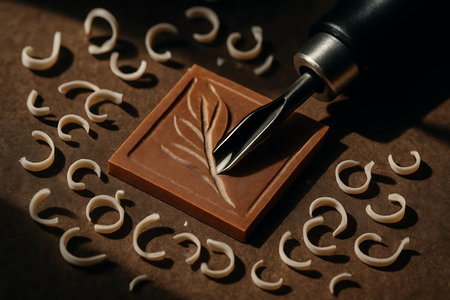 Close-up view of an artisan carefully carving a delicate leaf design into a brown material block using a specialized crafting tool. Delicate white shavings are scattered around the work surface, illustrating the meticulous creative process and intricate detail involved in the craft. Dramatic lighting highlights the textures and forms, emphasizing the precision and artistry of the handmade work.の素材