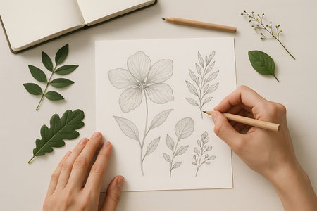 A top-down view of hands meticulously sketching intricate botanical illustrations of flowers and various leaves on a white sheet of paper with a wooden pencil. Surrounding the artwork are real green leaves of different shapes and an open notebook on a light beige surface, creating an inspiring and natural flat lay composition.の素材