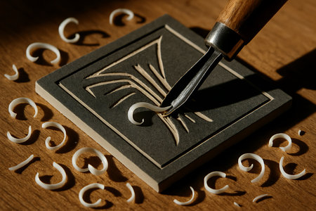 A detailed close-up shot of a linocut block being expertly carved with a sharp U-gouge tool, creating delicate white linoleum shavings. The process takes place on a warm wooden surface, illuminated by natural light that casts intriguing shadows, emphasizing the texture and artisanal nature of relief printmaking.の素材