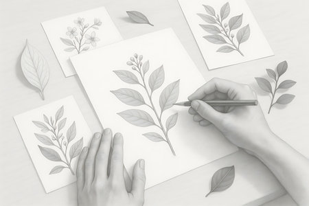 Top-down view of a person&#39;s hands sketching intricate botanical illustrations of leaves, branches, and flowers on white paper with a pencil. The monochromatic, hand-drawn artwork emphasizes the delicate details and natural beauty of the plants, creating a serene and creative atmosphere. Perfect for themes of art, nature, learning, or creative process.の素材