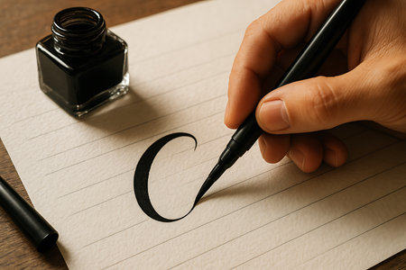 A close-up, top-down view of a hand meticulously writing a beautiful, elegant calligraphic letter &quot;C&quot; with a black brush pen on a piece of cream-colored, lined paper. An antique-style glass inkwell filled with dark ink is visible in the background, adding to the classic artistic atmosphere. The image highlights the detailed process of penmanship, artistic creation, learning, and the beauty of traditional writing.の素材