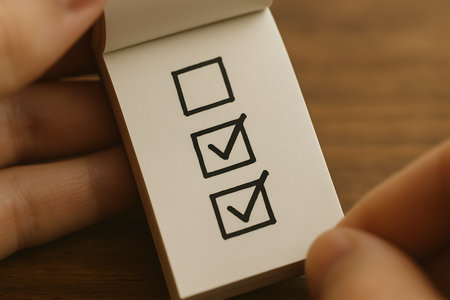 A close-up shot of a person&#39;s hand holding a small notepad displaying a hand-drawn checklist. Two of the three checkboxes are marked with checkmarks, indicating completed tasks, while one remains empty. This image is ideal for illustrating concepts of task management, productivity, goal achievement, planning, decision-making, and progress in both personal and professional contexts.の素材