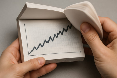 A close-up shot of a person&#39;s hands quickly flipping through the pages of a small notepad, revealing a hand-drawn zigzagging upward trend graph on grid paper. This visual illustrates concepts of business growth, financial success, market analysis, positive progress, and data visualization.の素材