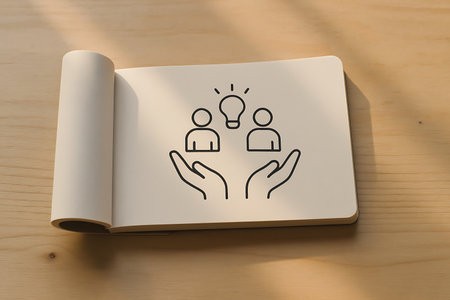 An open notebook on a warm wooden desk features a minimalist line art illustration. The drawing depicts two abstract person figures and a glowing light bulb held by cupped hands, symbolizing collaborative idea generation, teamwork, and collective problem-solving.の素材
