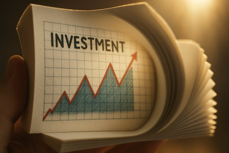 A close-up of a person holding a flipbook, with a hand-drawn investment graph showing an upward trend and the word &quot;INVESTMENT&quot; clearly visible on the page. This image symbolizes financial growth, market success, strategic planning, and positive economic development.の素材